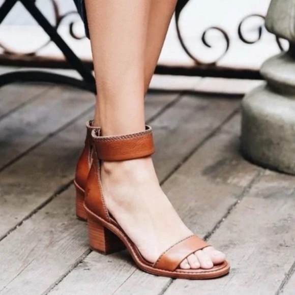 Frye Shoes - Frye Brielle Back Zip Stacked Heel Ankle Sandal Cognac Leather Women's Size 8